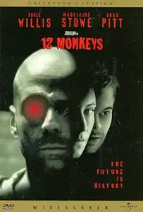 Bruce Willis stares intensely with a glowing red eye on the "12 Monkeys" DVD collector's edition cover.
