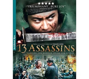 The "13 Assassins" movie poster features a determined samurai holding a bloodied katana, promoting the action film about fighting for honor and dying for justice.
