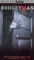 A creepy hand reaches out from behind a shadowy door on the Boogeyman PSP horror movie cover.
