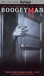 A creepy hand reaches out from behind a shadowy door on the Boogeyman PSP horror movie cover.
