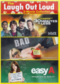 DVD cover showcases the "Laugh Out Loud 3-Movie Collection," featuring "30 Minutes or Less," "Bad Teacher," and "Easy A" comedies.
