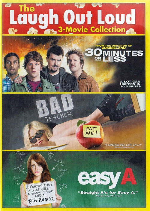 DVD cover showcases the "Laugh Out Loud 3-Movie Collection," featuring "30 Minutes or Less," "Bad Teacher," and "Easy A" comedies.
