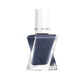 Essie Gel Couture nail polish bottle displays a shimmering blue-gray color.
