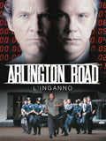 Arlington Road movie poster depicts a man running from police officers as another man's face looms above, suggesting suspense and thriller themes.
