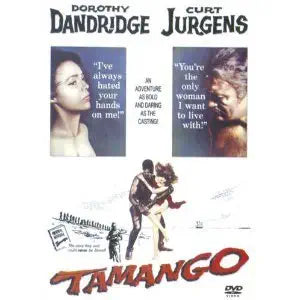 Vintage "Tamango" movie poster features Dorothy Dandridge and Curt Jurgens in a daring adventure film.
