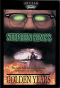 The Stephen King's "Golden Years" DVD cover features a close-up of a man with glowing green eyes and a smaller scene below of him in a lab coat near a fiery explosion.
