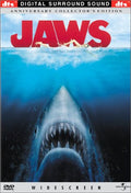 Jaws DVD cover depicts a menacing great white shark rising from the ocean depths towards an unsuspecting swimmer.
