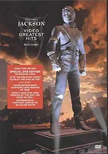 A Michael Jackson "Video Greatest Hits - HIStory" DVD cover features a statue of Michael Jackson against a cloudy sky background.
