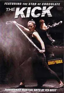 A female martial artist wields a rope weapon dramatically in a promotional image for "The Kick" taekwondo action movie.

