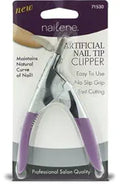 Nailene artificial nail tip clipper with purple handles trims an artificial nail in its packaging.
