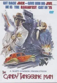 Vintage movie poster features a 1970s-style gangster in a fedora holding a gun, with a car chase and explosions.
