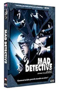The "Mad Detective" DVD cover shows a Hong Kong crime thriller with multiple images of a detective holding a gun, seen through a broken glass effect.
