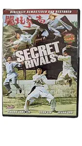 Kung fu fighters pose dramatically on the cover of the "Secret Rivals" digitally remastered martial arts film DVD.
