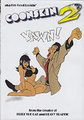 Cartoon characters, a woman in a bikini and a man yawning, are featured on the "Coonskin 2" movie cover.
