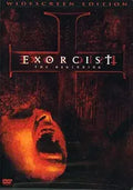 "The Exorcist: The Beginning" DVD cover shows a distressed face screaming against a dark, gothic background, advertising the horror movie.
