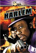 Movie poster for "Cotton Comes to Harlem" features a man in a fedora holding a double-barreled shotgun as another man aims a pistol behind him.
