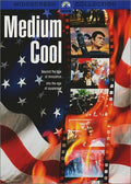 The movie poster for "Medium Cool" features an American flag behind scenes of protest and violence, representing the film's themes.
