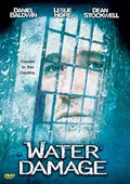 The "Water Damage" DVD cover features a man's face behind a rain-streaked window pane with cage-like bars, advertising a murder mystery film.
