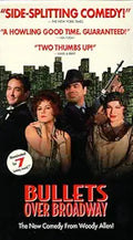 The Bullets Over Broadway VHS cover features four actors against a cityscape, advertising the Woody Allen comedy movie.
