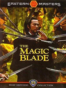 Man defends himself against flying swords in "The Magic Blade" martial arts movie cover.
