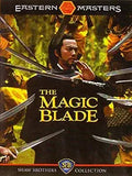 Man defends himself against flying swords in "The Magic Blade" martial arts movie cover.
