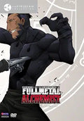 "The Fullmetal Alchemist Brotherhood DVD cover features the muscular, menacing villain, Kimblee, wielding a knife and clawed hand."
