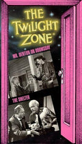 Vintage "Twilight Zone" episode compilation cover features scenes from "Mr. Denton on Doomsday" and "The Shelter" visible through a pink doorway.
