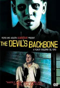 The Devil's Backbone movie poster features a ghostly boy against a brick wall, advertising the Guillermo del Toro horror film.
