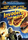 Movie poster for "Invaders from Mars" shows a woman and boy reacting in fear to grotesque Martian creatures emerging from a bright light.
