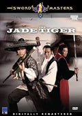 Movie poster features three sword masters wielding weapons in "The Jade Tiger," a digitally remastered martial arts film.
