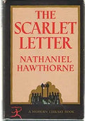 A vintage book cover displays "The Scarlet Letter" by Nathaniel Hawthorne, depicting a somber town square scene.
