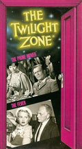 Vintage VHS cover displays The Twilight Zone, featuring "The Prime Mover" and "The Fever" episodes, framed by a pink door.
