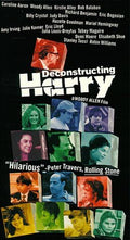 The Deconstructing Harry movie poster showcases various cast members in colorful blocks, advertising the Woody Allen film.
