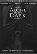 "Alone in the Dark" movie poster depicts a monster with hands covering its eyes, promoting the horror film starring Christian Slater, Tara Reid, and Stephen Dorff.

