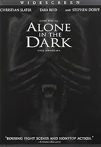 "Alone in the Dark" movie poster depicts a monster with hands covering its eyes, promoting the horror film starring Christian Slater, Tara Reid, and Stephen Dorff.
