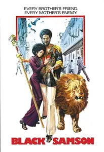 Black Samson movie poster shows a couple standing next to a lion in a city street.
