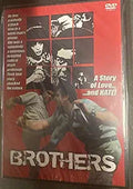 The DVD cover for the film "Brothers" displays a montage of black and white images above a dramatic scene of two men in army fatigues fighting.
