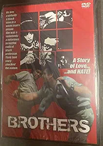 The DVD cover for the film "Brothers" displays a montage of black and white images above a dramatic scene of two men in army fatigues fighting.
