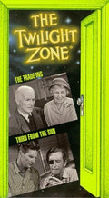 The Twilight Zone vintage VHS tape cover features images from "The Trade-Ins" and "Third From The Sun" episodes, framed by a surreal neon green doorway.
