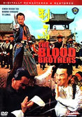 The vintage movie poster displays martial arts film "The Blood Brothers" featuring Chen Kuan Tai, David Chiang, and Ti Lung.
