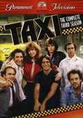 The DVD cover for Taxi: The Complete Third Season features the show's ensemble cast in front of a yellow cab.

