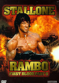 Sylvester Stallone, as Rambo, fires a machine gun in the action movie poster for Rambo: First Blood Part II.
