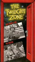 The Twilight Zone VHS cover showcases black-and-white imagery from "Once Upon A Time" and "The Fugitive" episodes against a star-filled backdrop within a red door frame.
