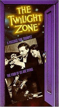 "The Twilight Zone" DVD cover features a man playing trumpet, a woman looking on, and men in suits in a scene titled "The Four of Us are Dying," all framed by a purple doorway.
