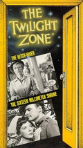 A vintage Twilight Zone DVD box set displays the series logo and cover images from the episodes "The Hitch-Hiker" and "The Sixteen Millimeter Shrine".
