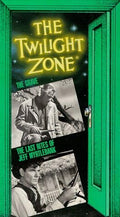 A vintage Twilight Zone VHS tape featuring "The Grave" and "The Last Rites of Jeff Myrtlebank" sits inside a green door frame.
