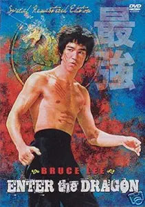 Bruce Lee strikes a dynamic pose on the vintage "Enter the Dragon" DVD cover, showcasing his martial arts prowess.

