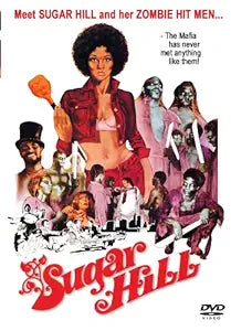 Sugar Hill poses with her zombie hitmen on the vintage horror movie DVD cover.
