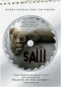 The "Saw" movie poster features a hand and foot on a saw blade, advertising the horror film with the tagline "Every puzzle has its pieces."
