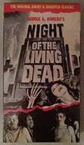 The VHS tape cover features George A. Romero's classic horror movie, "Night of the Living Dead," with zombies rising from the graveyard.
